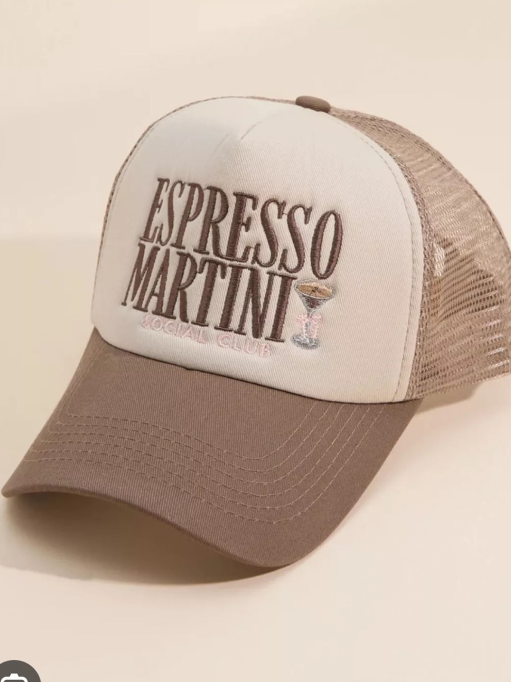 Anthropologie Espresso Martini Trucker Hat - White & Taupe Brown